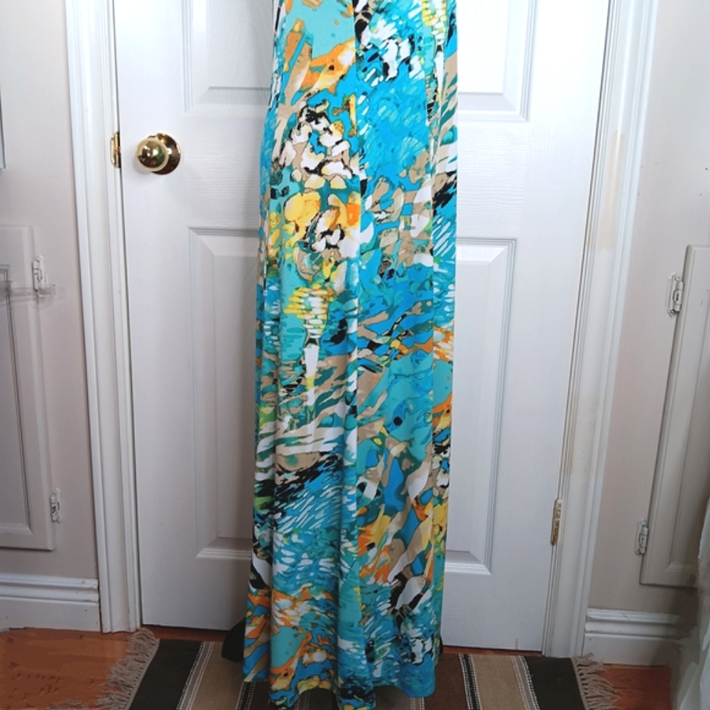 TanJay Sleeveless Ruched Maxi Dress Size 8 Teal Mulyi-Color Summer Party - Picture 13 of 13